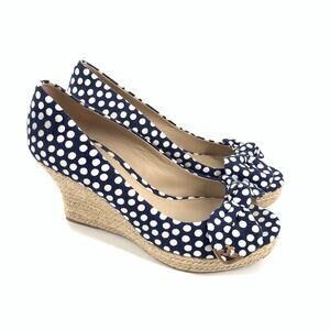 $275 Tory Burch Dory Polka Dot Printed Peep Toe Espadrilles Wedge Heels 9.5 Blue